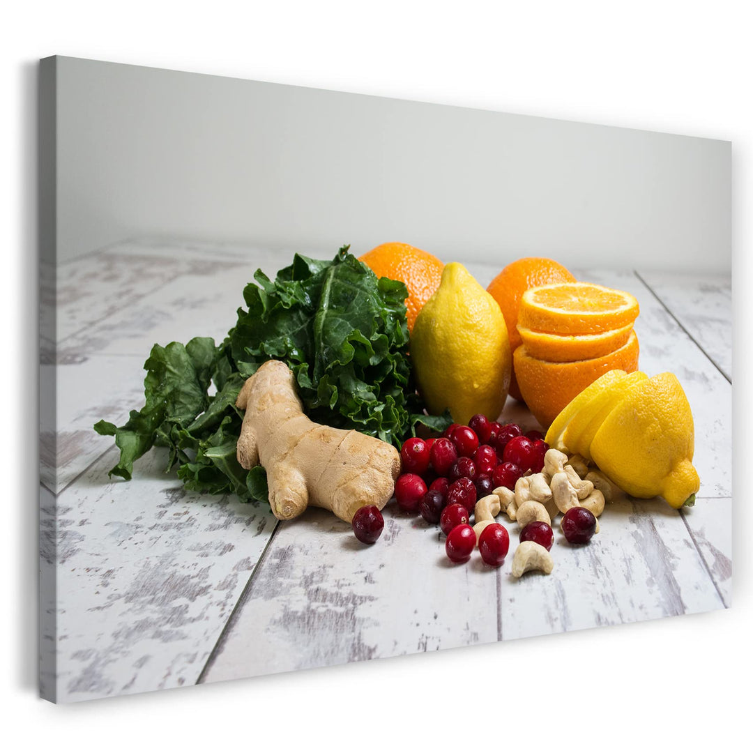 Printed Paintings Leinwand (80x60cm): Essensbilder Verschiedene Früchte, Gemüse, Obst auf Holztis 80