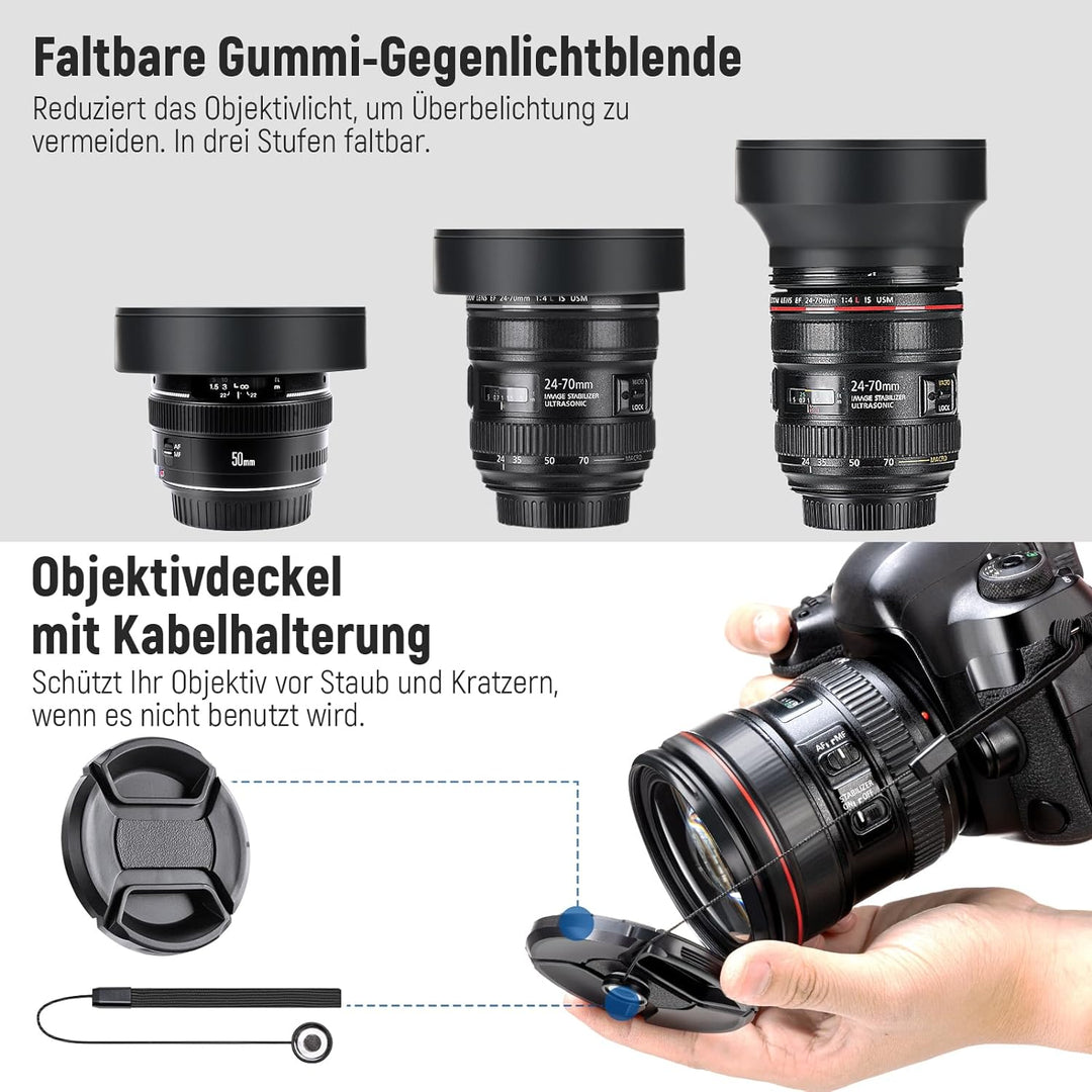 NEEWER 49mm ND Filter Set UV CPL(Polfilter) FLD ND2 ND4 ND8 Graufilter Gegenlichtblende und Objektiv