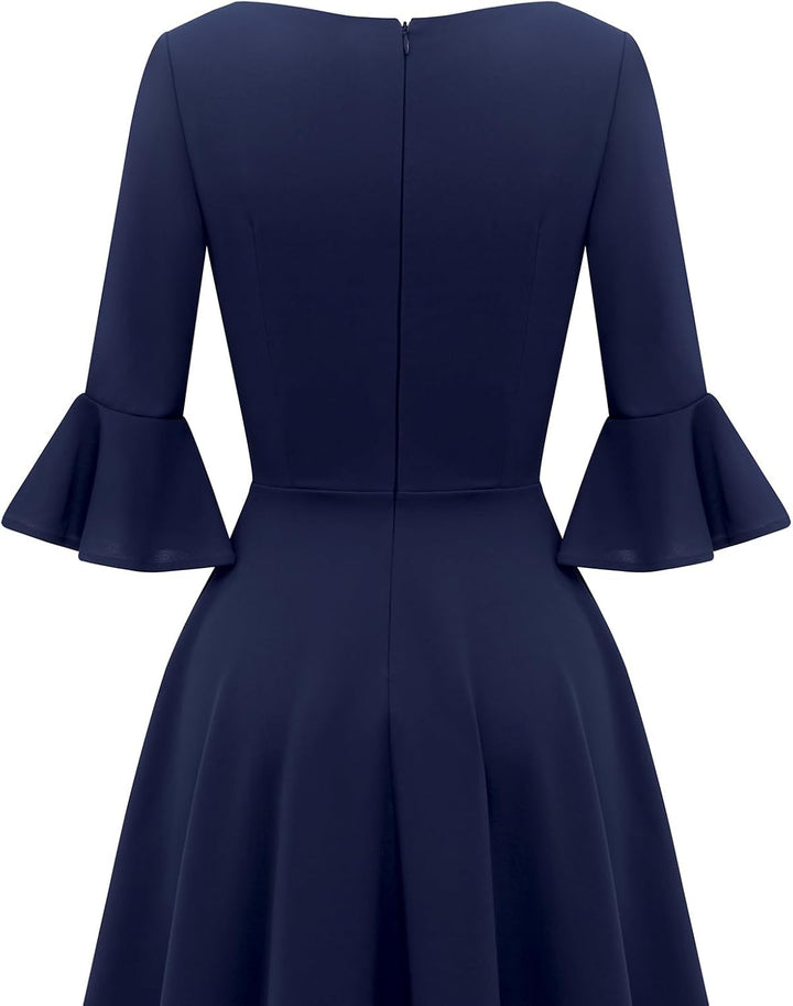 Gardenwed Festliches Kleid Damen 3/4 arm Flare Bell Sleeve Rundhals Kleider High-Low Cocktailkleider
