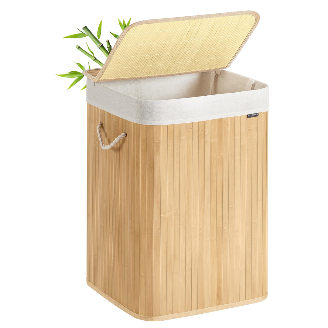 SONGMICS Wäschekorb, 95 L Wäschesammler mit Deckel, Wäschebox Bambus, mit Griffen, faltbar, Wäschesa