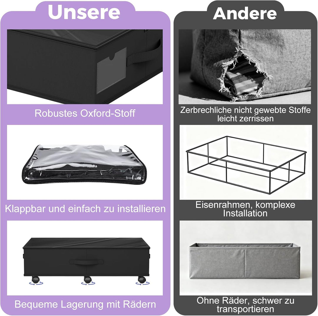 Babenest Unterbettkommode mit 6 Rollen, 2 Stück Faltbare Unterbett Aufbewahrungsbox mit Klarer Decke