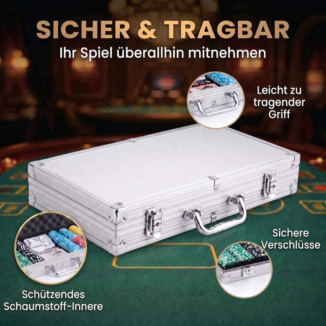 Profi Pokerkoffer Pokerset inkl. 300-500 schwerer 12g Metallkern Poker-Chips; Pokerdeck, Pokerkarten