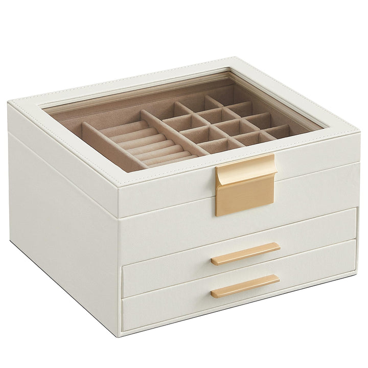 SONGMICS Schmuckkästchen mit Glasdeckel Schmuckkasten mit 3 Ebenen, Schmuckbox mit 2 Schubladen, Sch