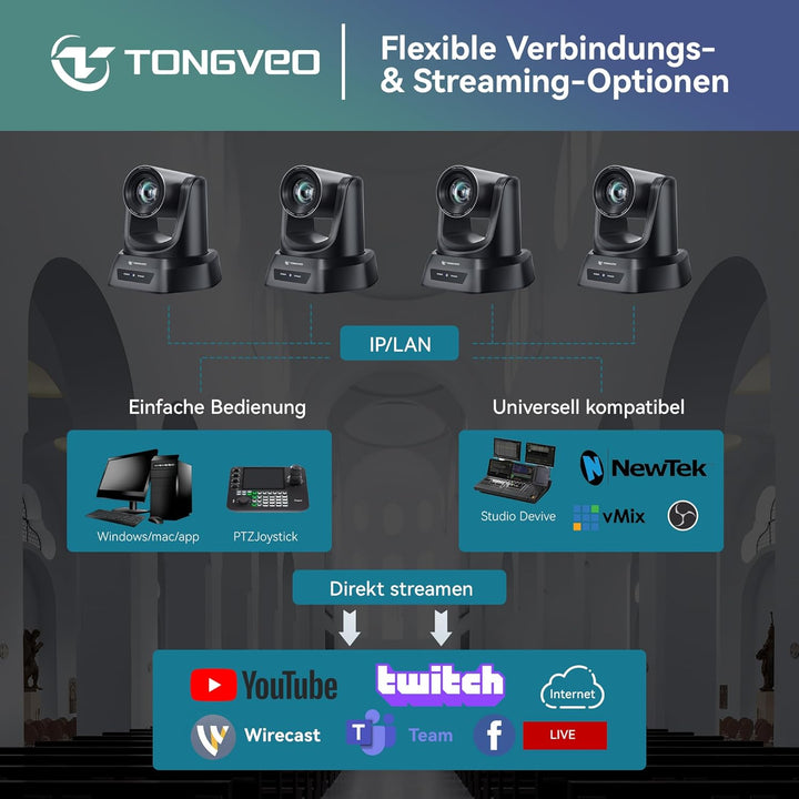 TONGVEO HDMI PTZ-Kamera 20X Optischer Zoom, Kirche Live-Streaming USB 1080P 60fps Kamera für Gottesd