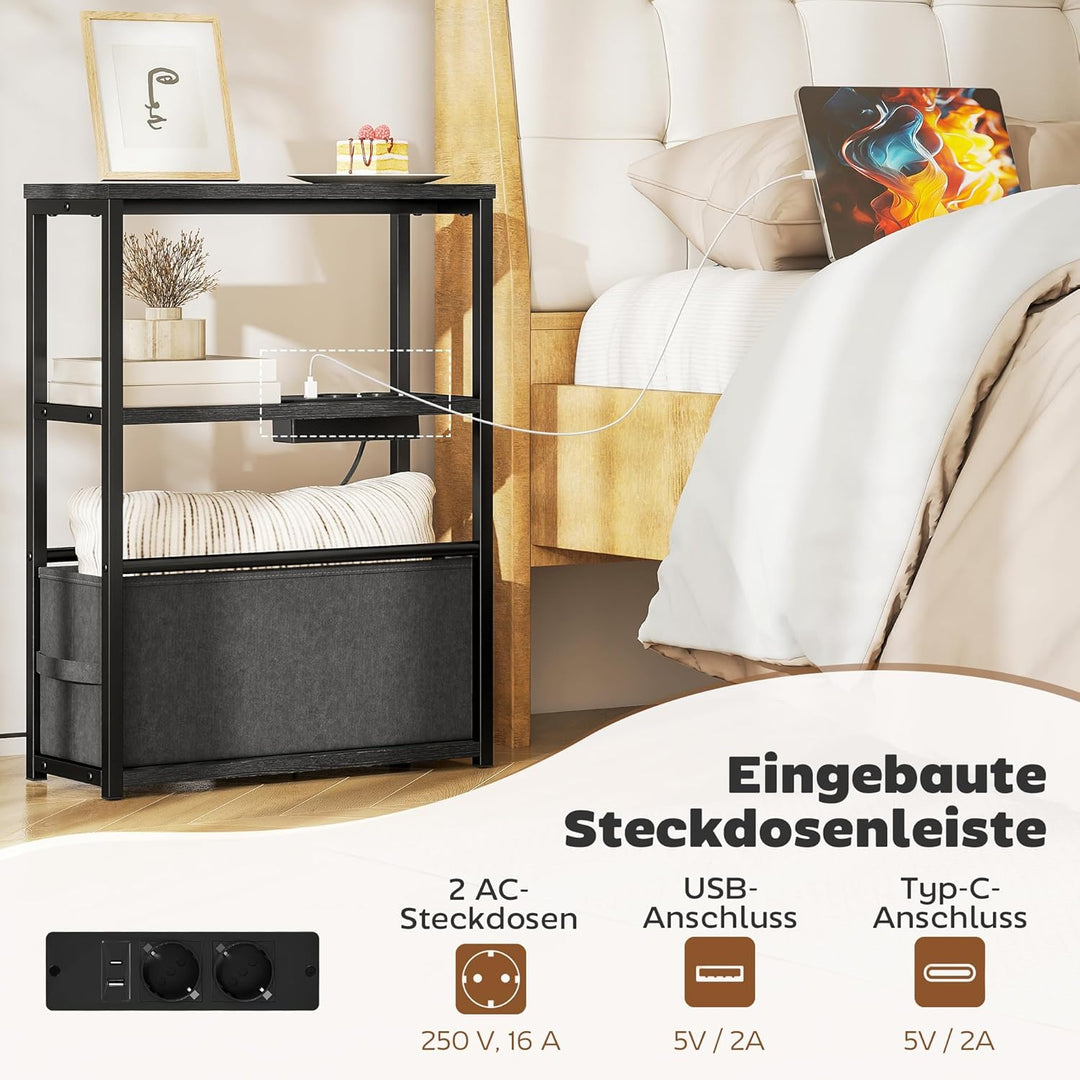 HOMCOM Beistelltisch schmal mit Steckdosenleiste USB &amp; Type-C, Nachttisch mit 2 Ablage, Stoffschubla