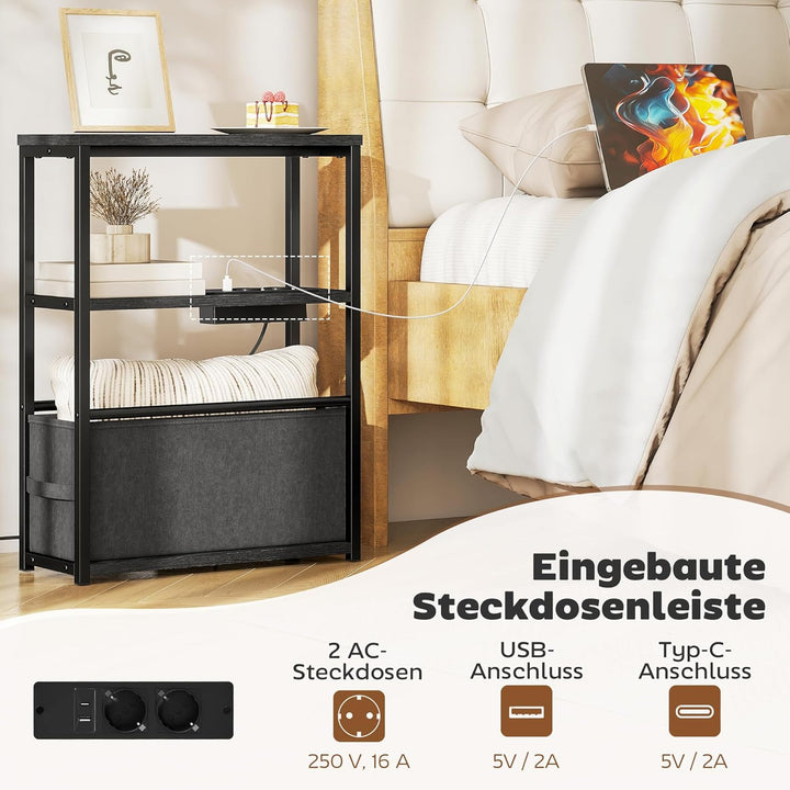 HOMCOM Beistelltisch schmal mit Steckdosenleiste USB &amp; Type-C, Nachttisch mit 2 Ablage, Stoffschubla