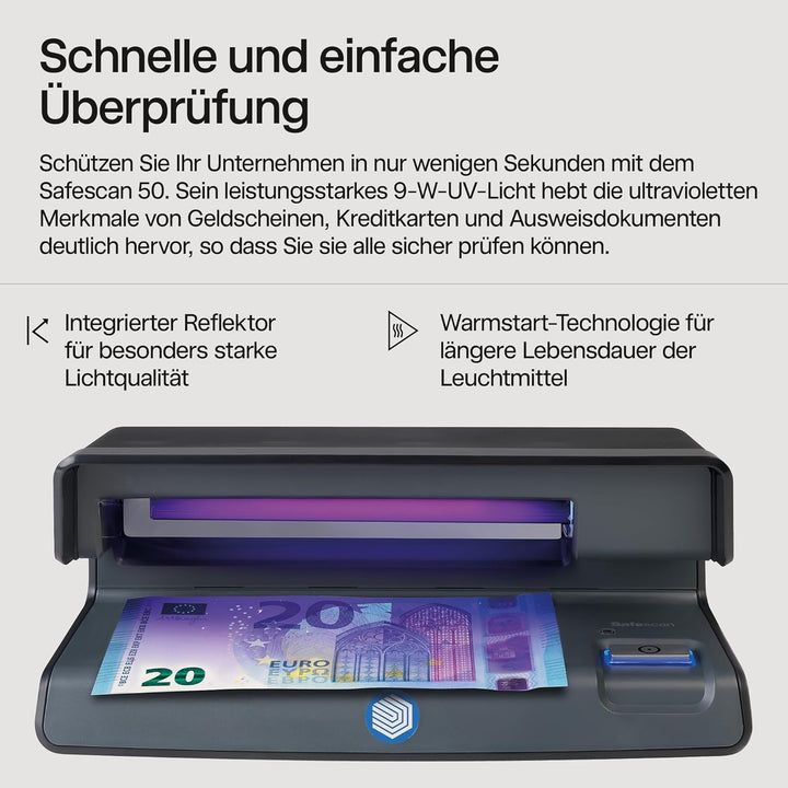 Safescan 50 UV-Falschgeldprüfgerät zur Prüfung von Banknoten, Kreditkarten und Ausweisen - UV-Geldsc