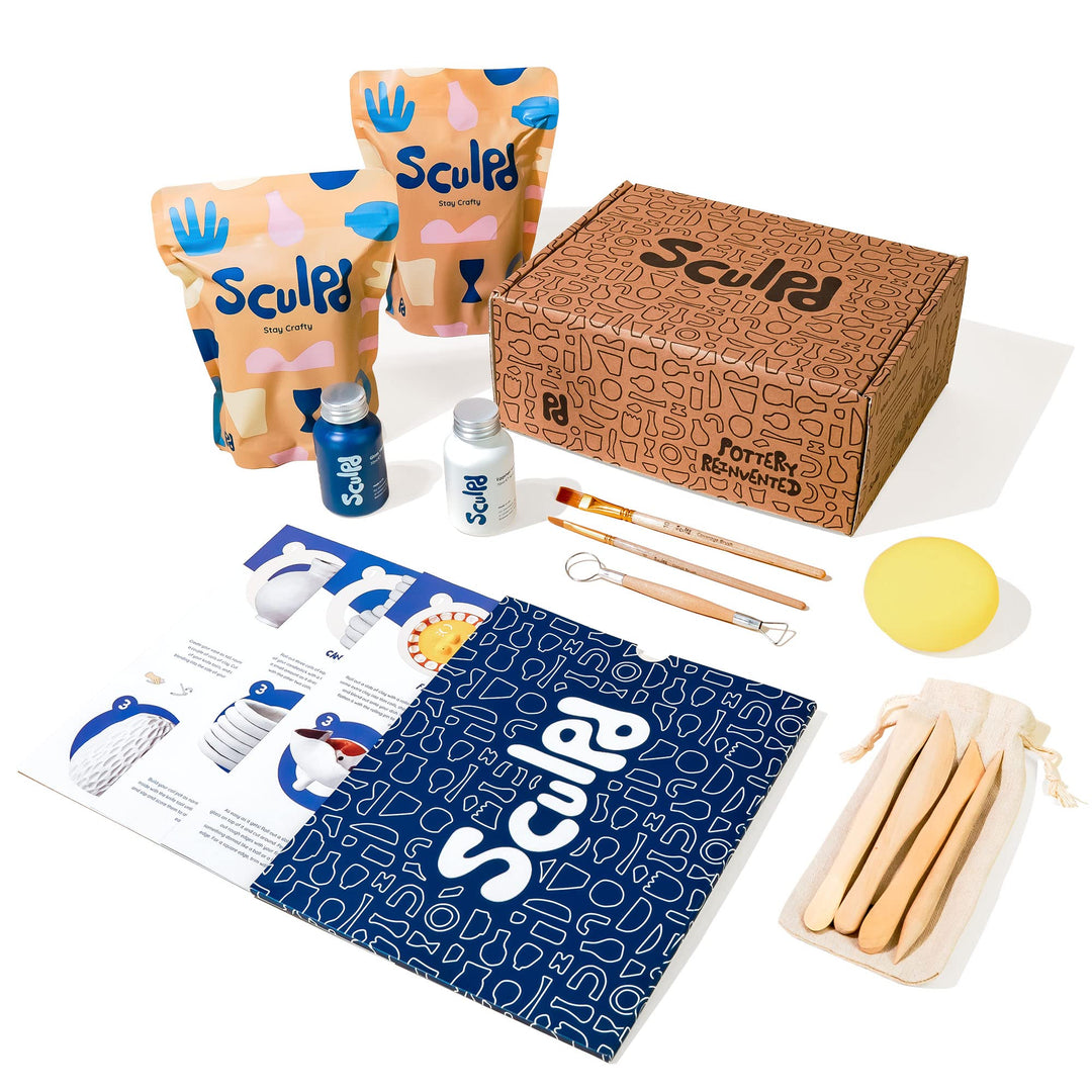 Sculpd Töpferei-Set, lufttrocknender Ton, Starter-Set für Anfänger mit Glanzlack, Töpferset beinhalt