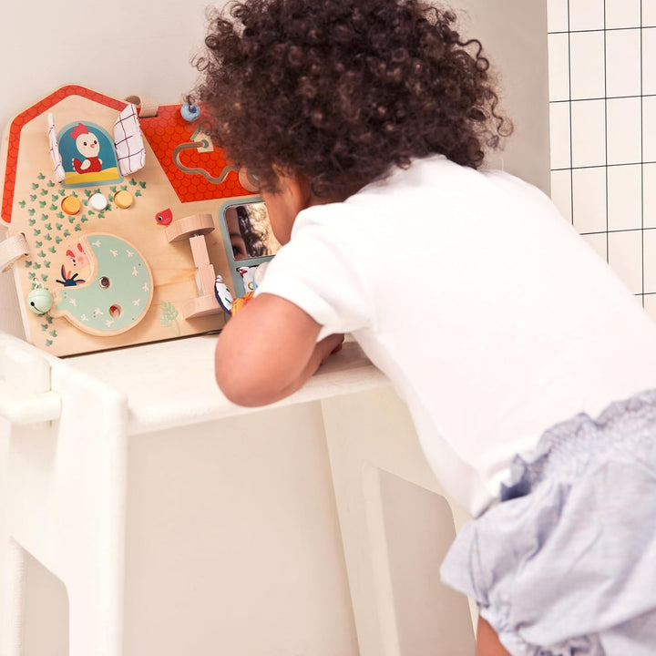 Lilliputiens - Baby-Aktivitätstafel - Thema Bauernhof - Holzspielzeug mit 8 sensorischen Aktivitäten