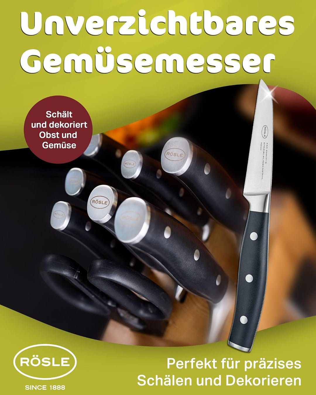 RÖSLE Gemüsemesser Tradition 9cm - Hochwertiges und scharfes Küchenmesser zum Schneiden von Obst und