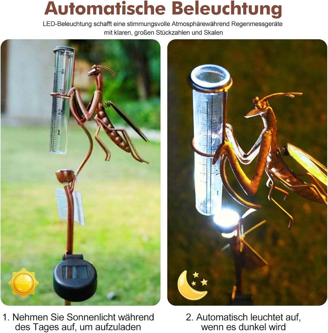 Solar Regenmesser für Garten mit Erdspiess und LED, Niederschlagsmesser Frostsicher Glas für Rasen,