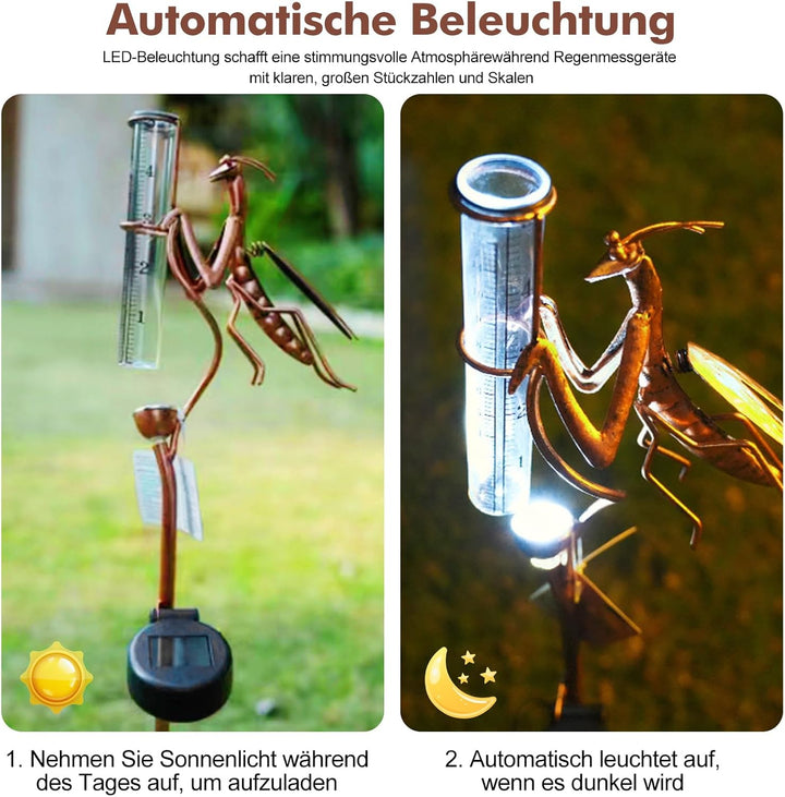 Solar Regenmesser für Garten mit Erdspiess und LED, Niederschlagsmesser Frostsicher Glas für Rasen,
