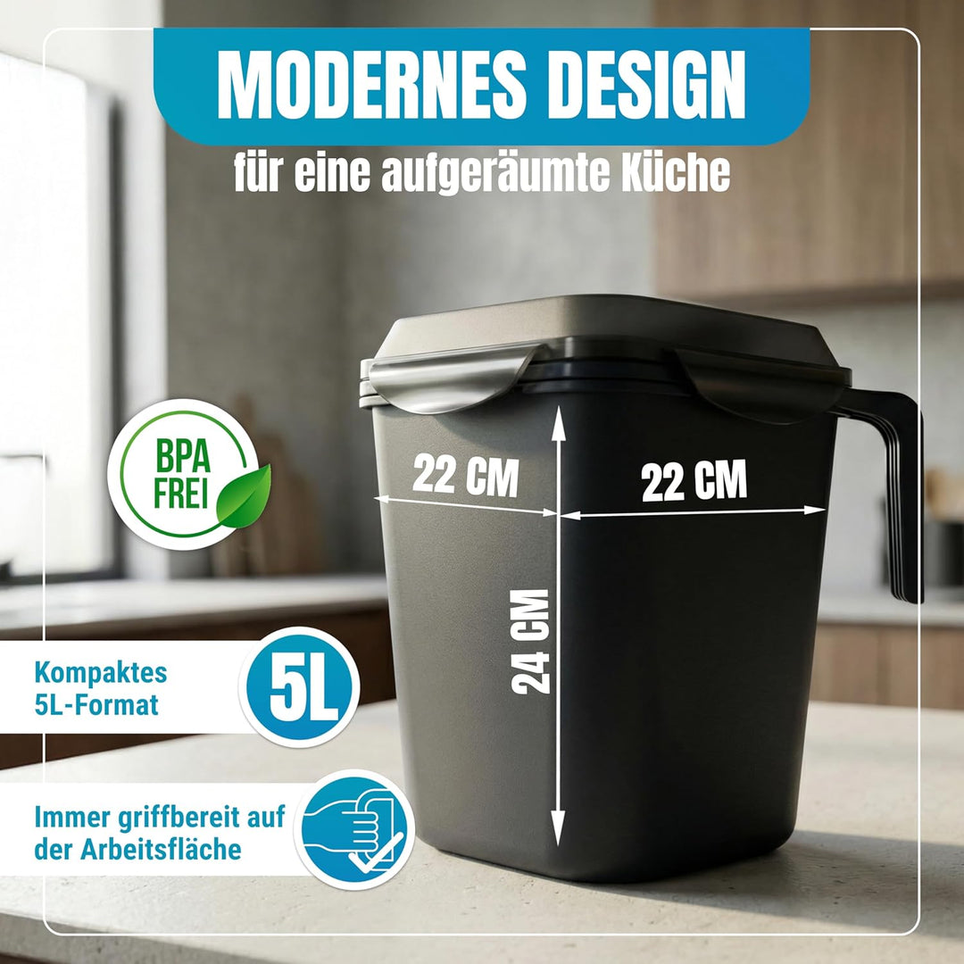 Biomülleimer Küche 5L – Geruchsdicht mit Gummidichtung – Komposteimer spülmaschinengeeignet & BPA-fr