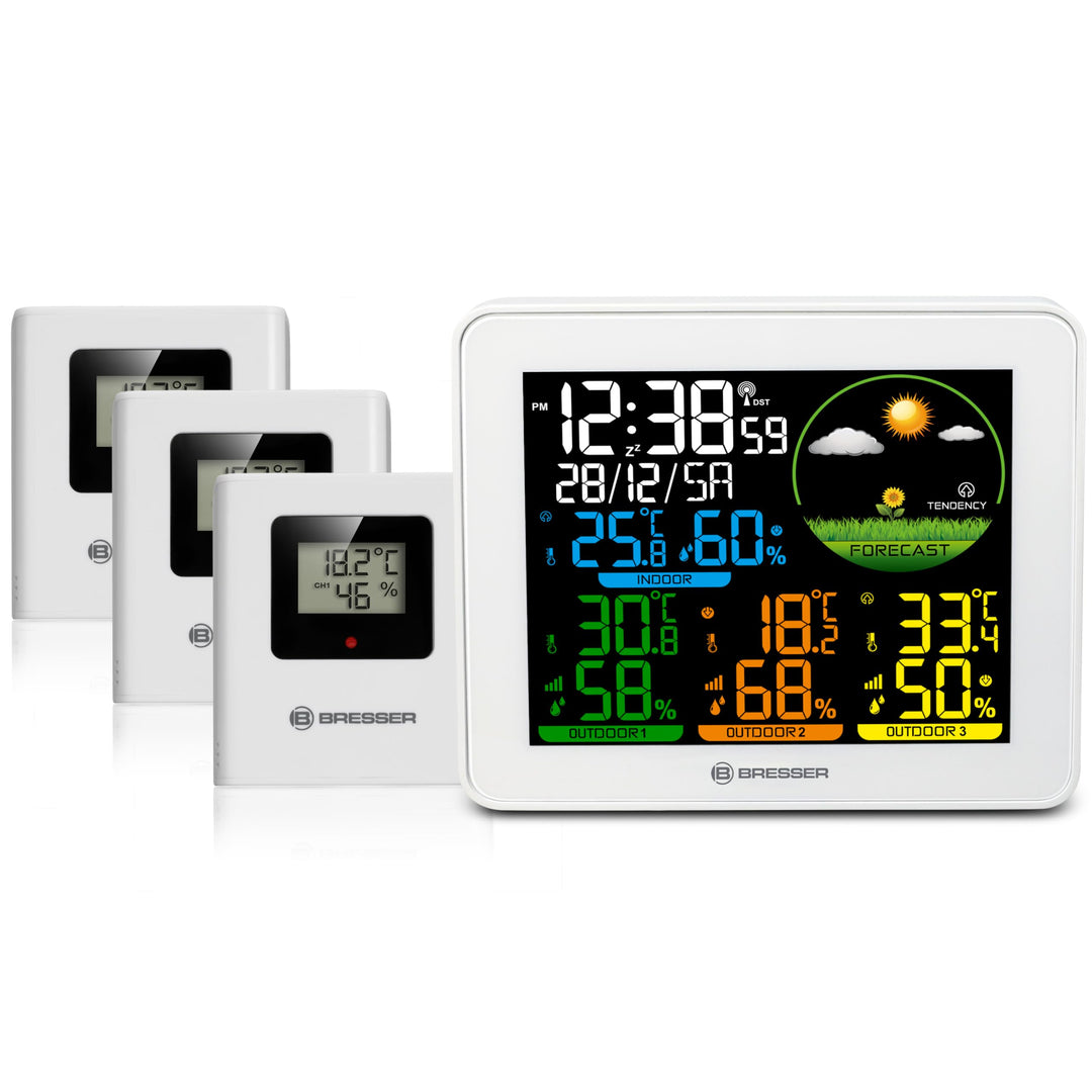 Bresser Farbwetterstation 3 Aussensensoren Temperatur Luftfeuchtigkeit Wettervorhersage Uhr Wecker 8