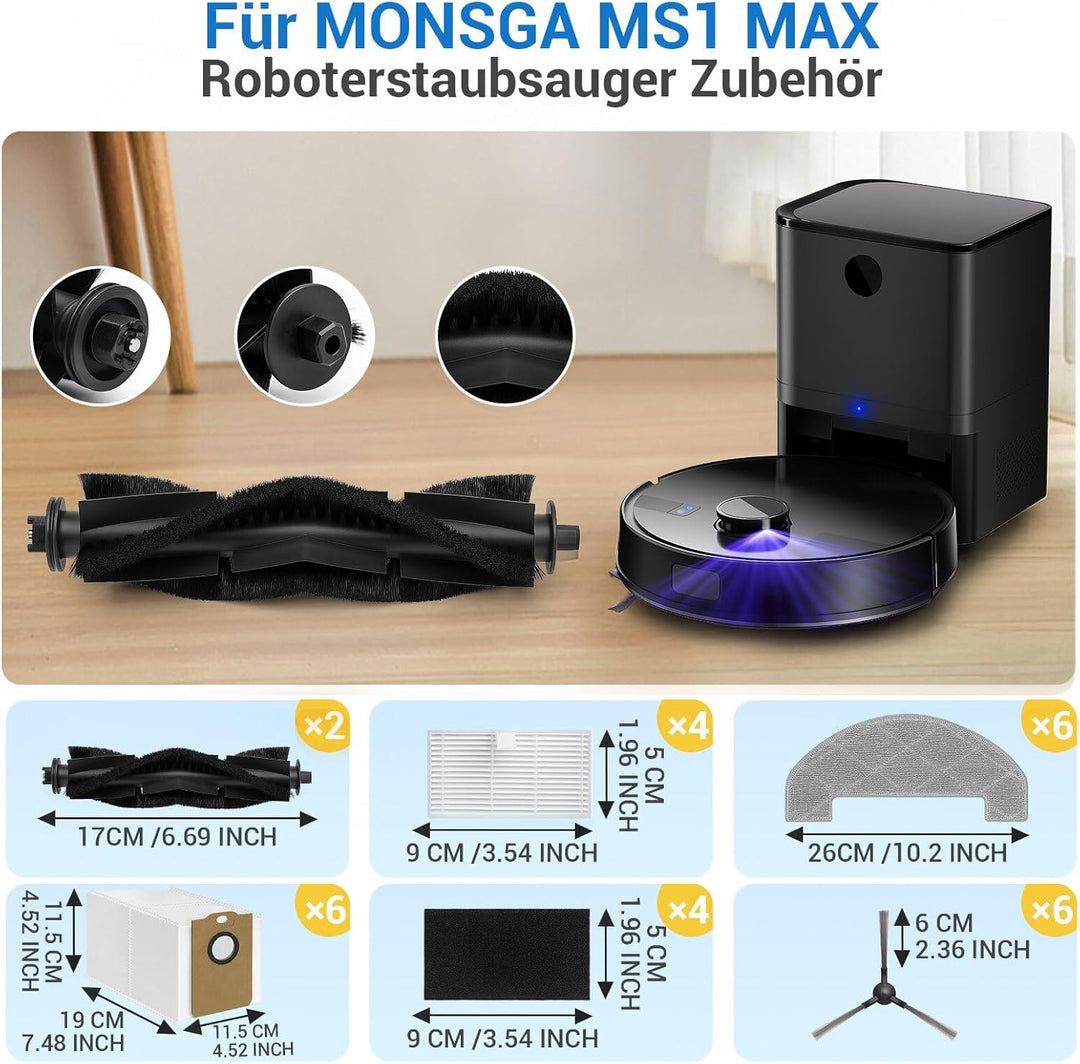 MS1 MAX Replacement Parts for For MONSGA MS1 MAX Robotic Vacuum Cleaner Parts with 1 Roller Brush, 4