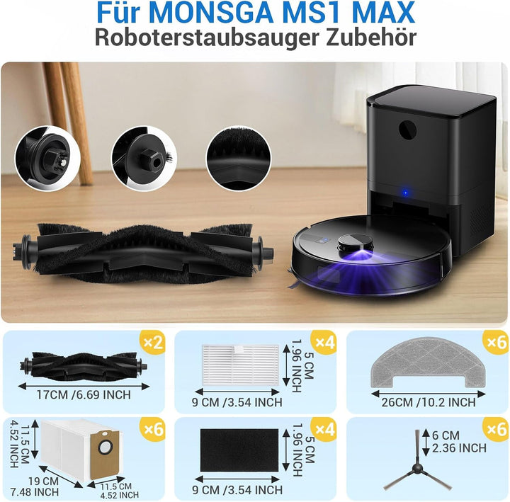 MS1 MAX Replacement Parts for For MONSGA MS1 MAX Robotic Vacuum Cleaner Parts with 1 Roller Brush, 4