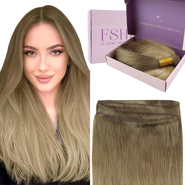 Fshine Echthaar Tressen 60cm 60 Gramm Sew in Hair Extensions zum Einnähen Balayage Golden Brown Fadi