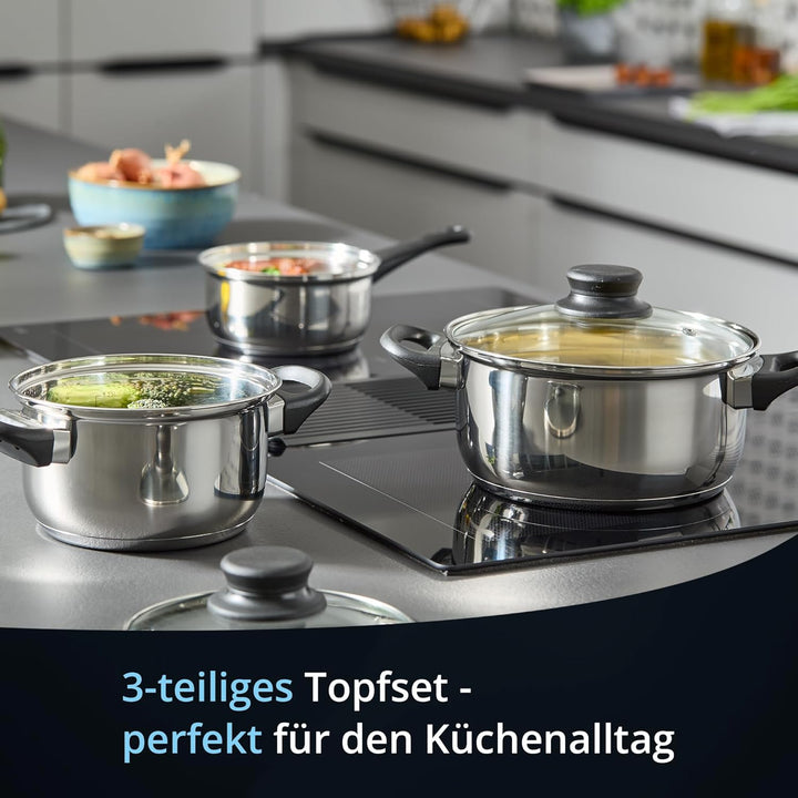 KHG Topfset 3-teilig Edelstahl Induktion, Kochtopf 16 cm, 20 cm mit Glasdeckel, Kasserolle 14 cm - T