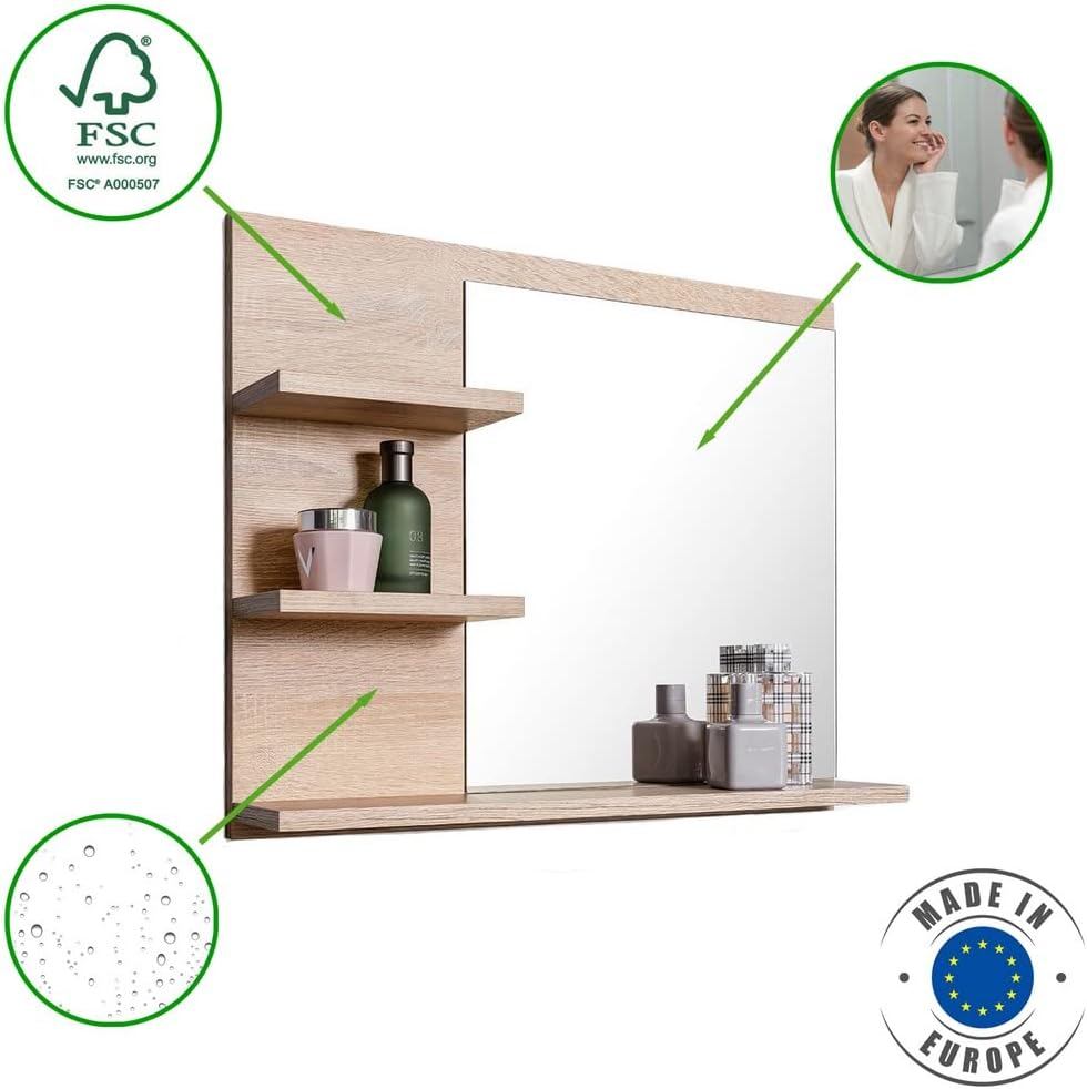 Badspiegel mit 3 Ablagen Badezimmerspiegel Spiegel Regal Wandspiegel Hängespiegel Badmöbel Spiegel F