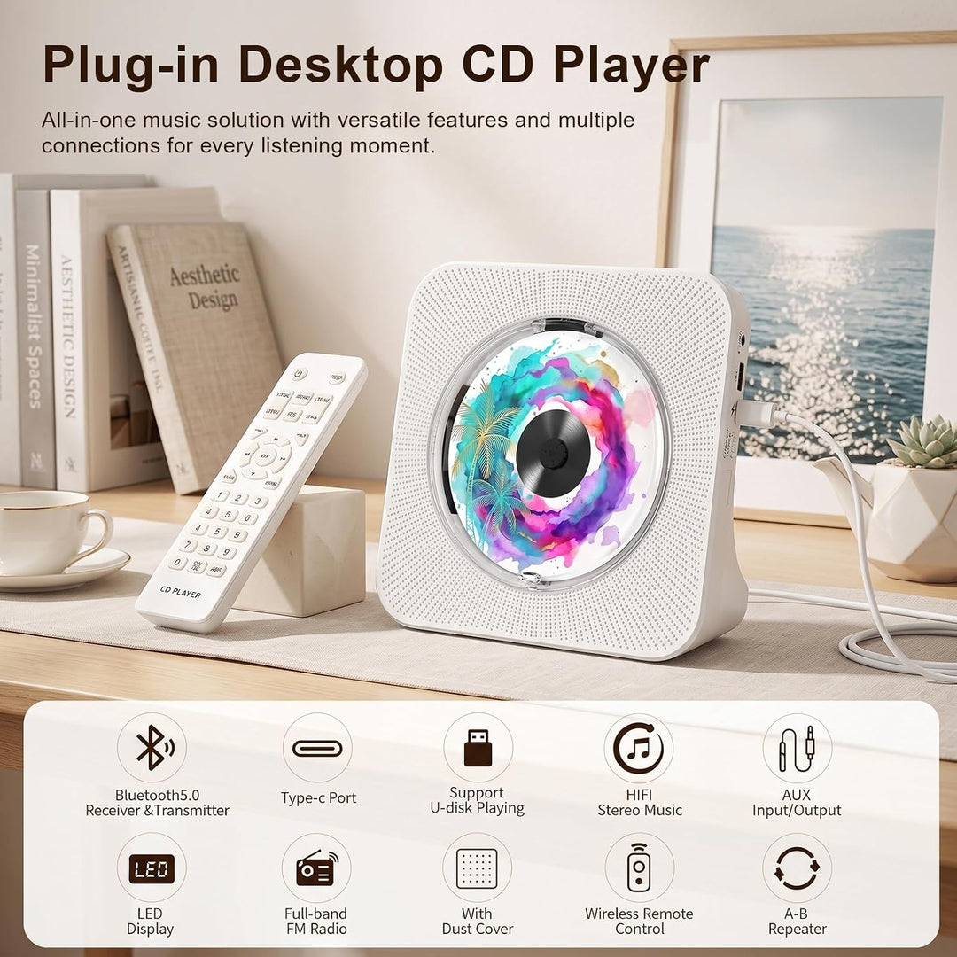 Tragbarer CD-Player mit Bluetooth, Gueray Desktop für zu Hause, Eingebaute Doppelte HiFi-Lautspreche