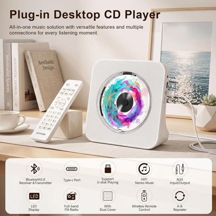 Tragbarer CD-Player mit Bluetooth, Gueray Desktop für zu Hause, Eingebaute Doppelte HiFi-Lautspreche