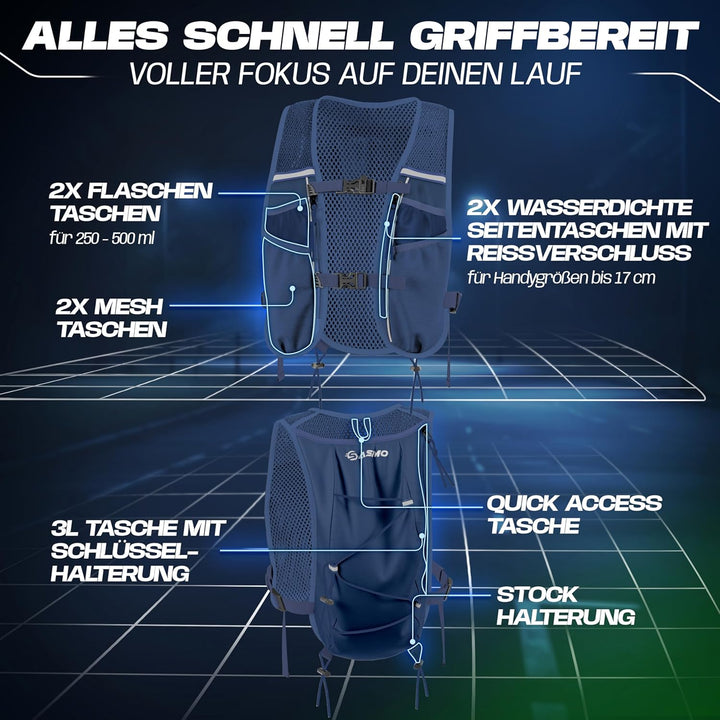 SASMO® Laufweste Damen & Herren 5L / 2L | Running Vest - Ultraleicht & atmungsaktiv| Laufrucksack Da