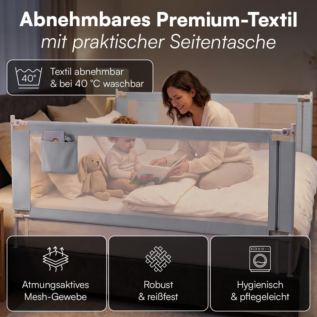 Bellabino Drina Rausfallschutz – Bettschutzgitter 150 cm Dunkelgrau – Bettgitter höhenverstellbar 69