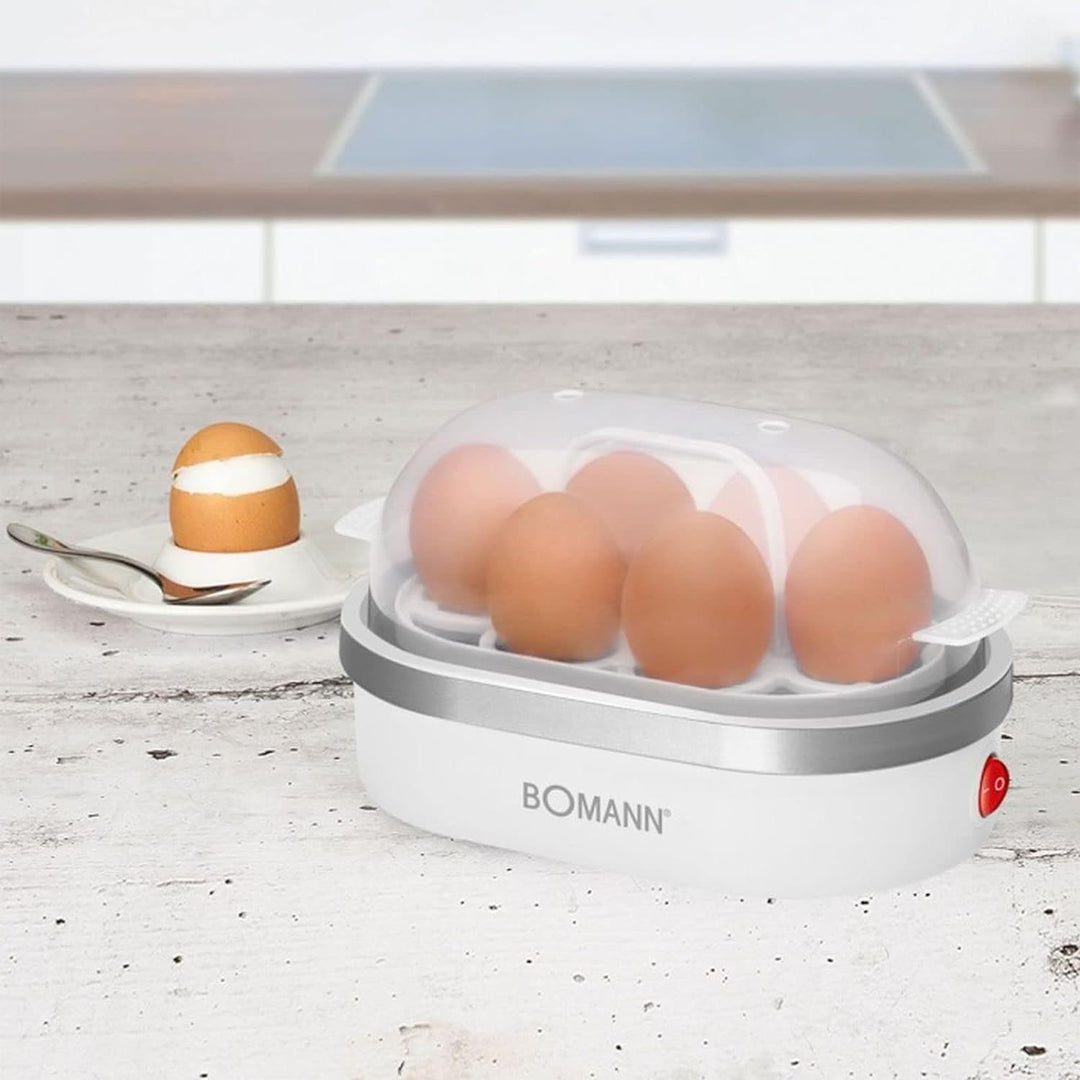 Eierkocher für 6 Eier mit 400 Watt - herausnehmbarer Eihalter - Akustisches Endsignal (Messbecher, E
