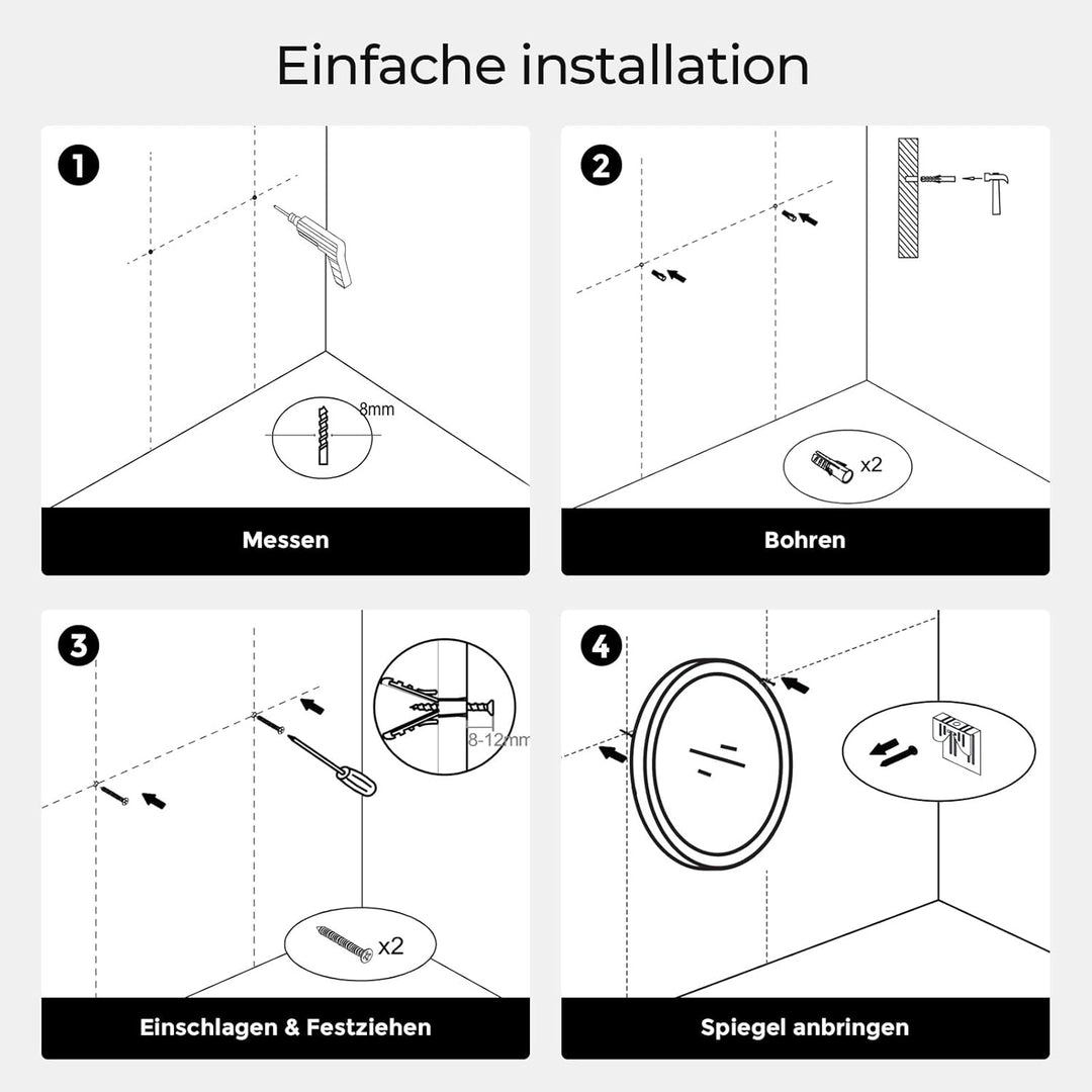 S'AFIELINA Badspiegel mit Beleuchtung Rund 60cm, Dimmbar Bad Spiegel mit Licht und Beschlagfrei-Funk