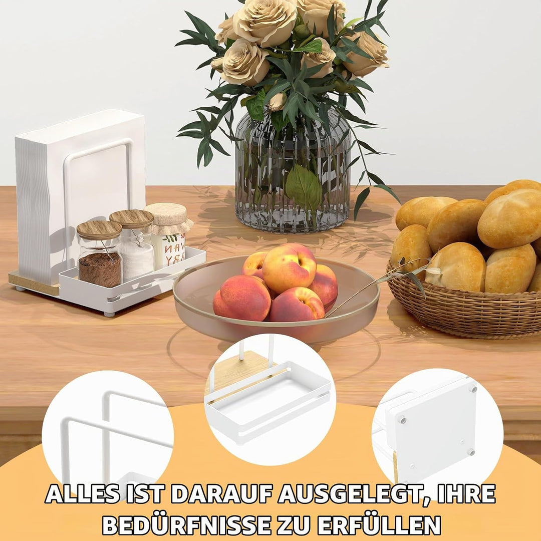 Serviettenhalter Weiss,Serviettenhalter aus Metall &amp; Holz Serviettenspender mit Caddy für Tisch Küch