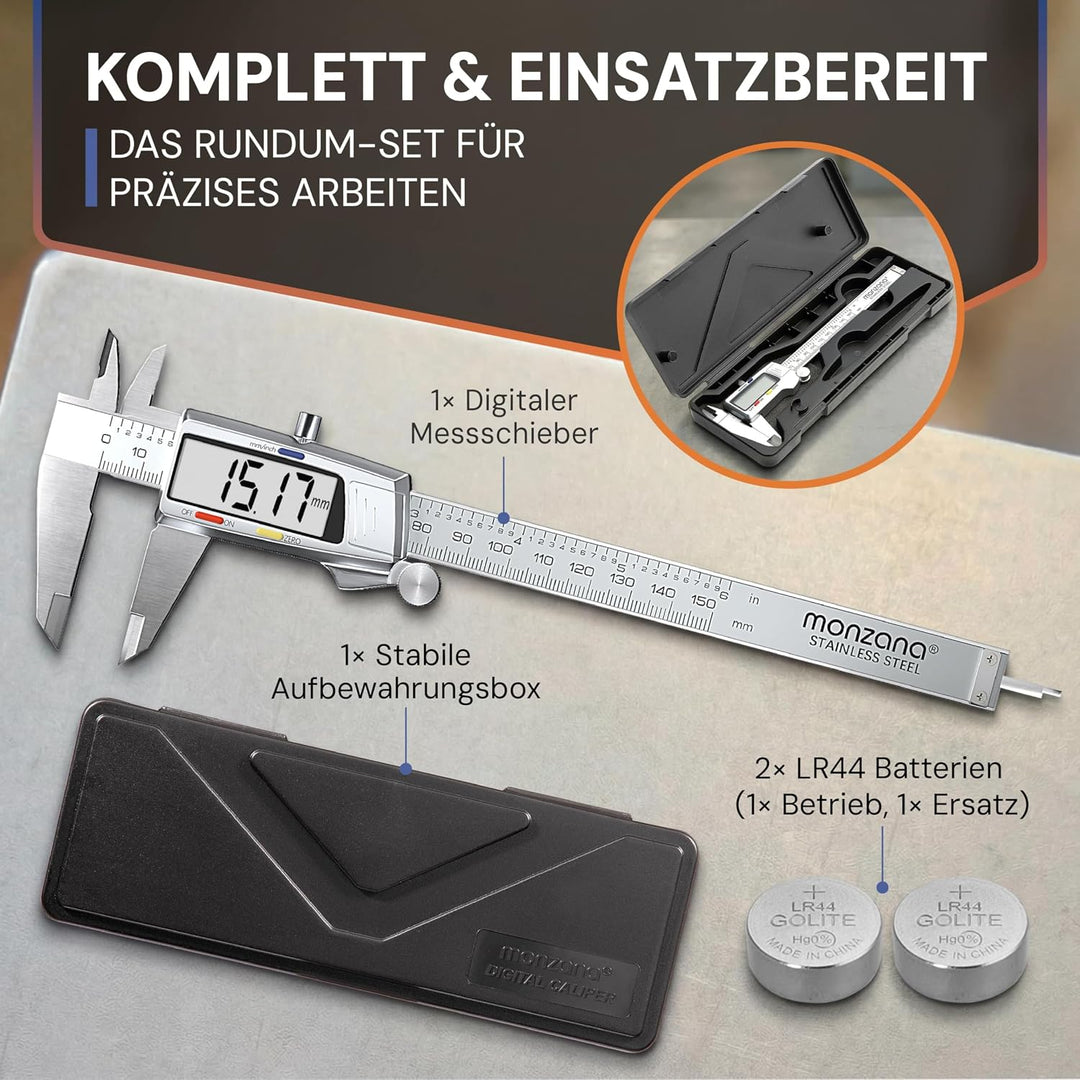 MONZANA® Messschieber Digital Edelstahl 150mm LCD Display Aufbewahrungsbox Ersatzbatterie Schieblehr