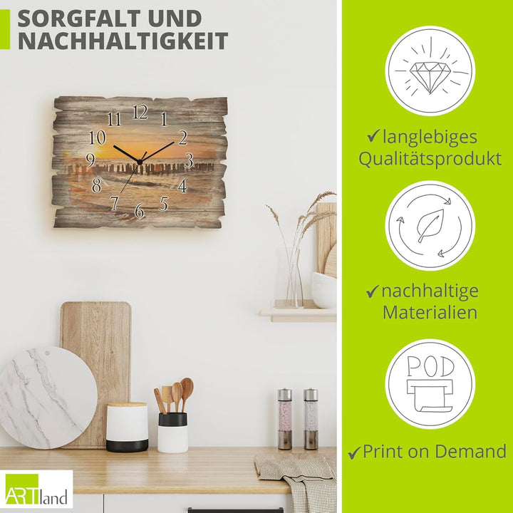 ARTLAND Wanduhr ohne Tickgeräusche aus Holz Quarzuhr 40x30 cm Rechteckig Lautlos Strand Meer Sonnenu