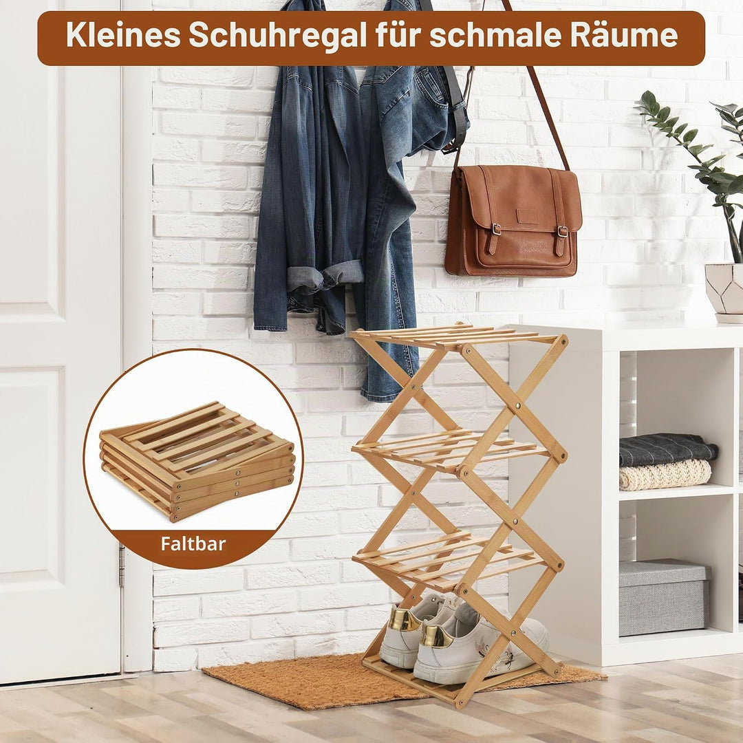 Fentar Schuhregal Schmal, 4 Ebenen Schuhregal Bambus Schuh Organizer, Kleines Klappregal, Mini Regal