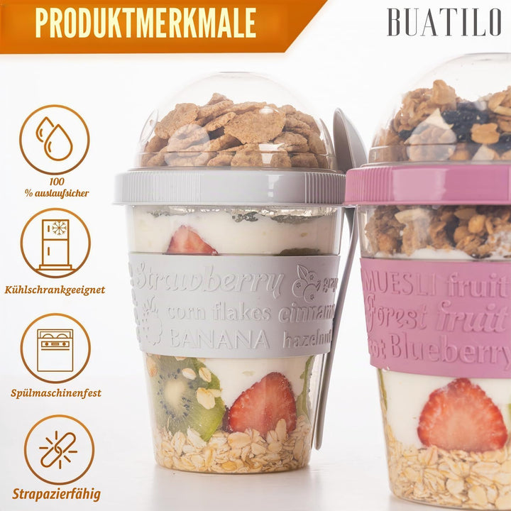 Bergmann Joghurtbecher To Go 600ml 4er Set – Müslibecher To Go mit Löffel Müsli To Go Becher mit Dec
