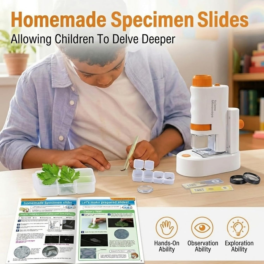60-120x Mikroskop für Kinder mit Stand | Tragbares Taschenmikroskop, Hand-und Stand, Multifunktional