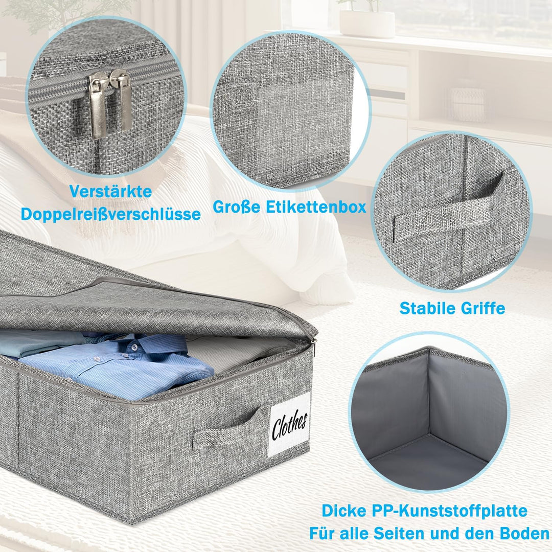 Unterbett Aufbewahrungsbox mit Deckel 12cm hoch, 2 Stück Faltbar Unterbettkommode, Waschbar Kleidera