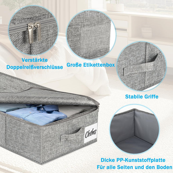 Unterbett Aufbewahrungsbox mit Deckel 12cm hoch, 2 Stück Faltbar Unterbettkommode, Waschbar Kleidera