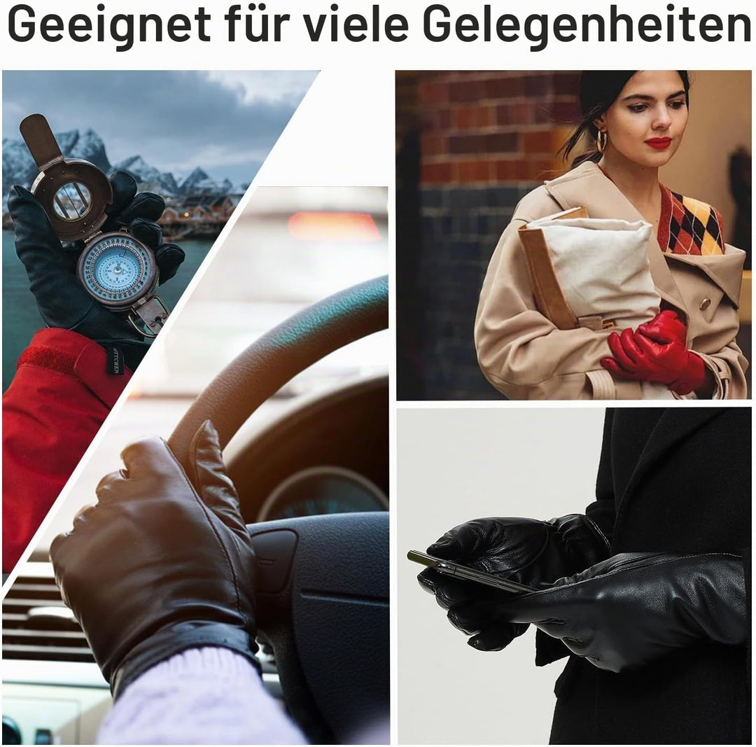 ZLUXURQ Damen Weiche Echte Lammfell Leder Touchscreen Winter Fahrhandschuhe Kaschmir Oder Wolle gefü