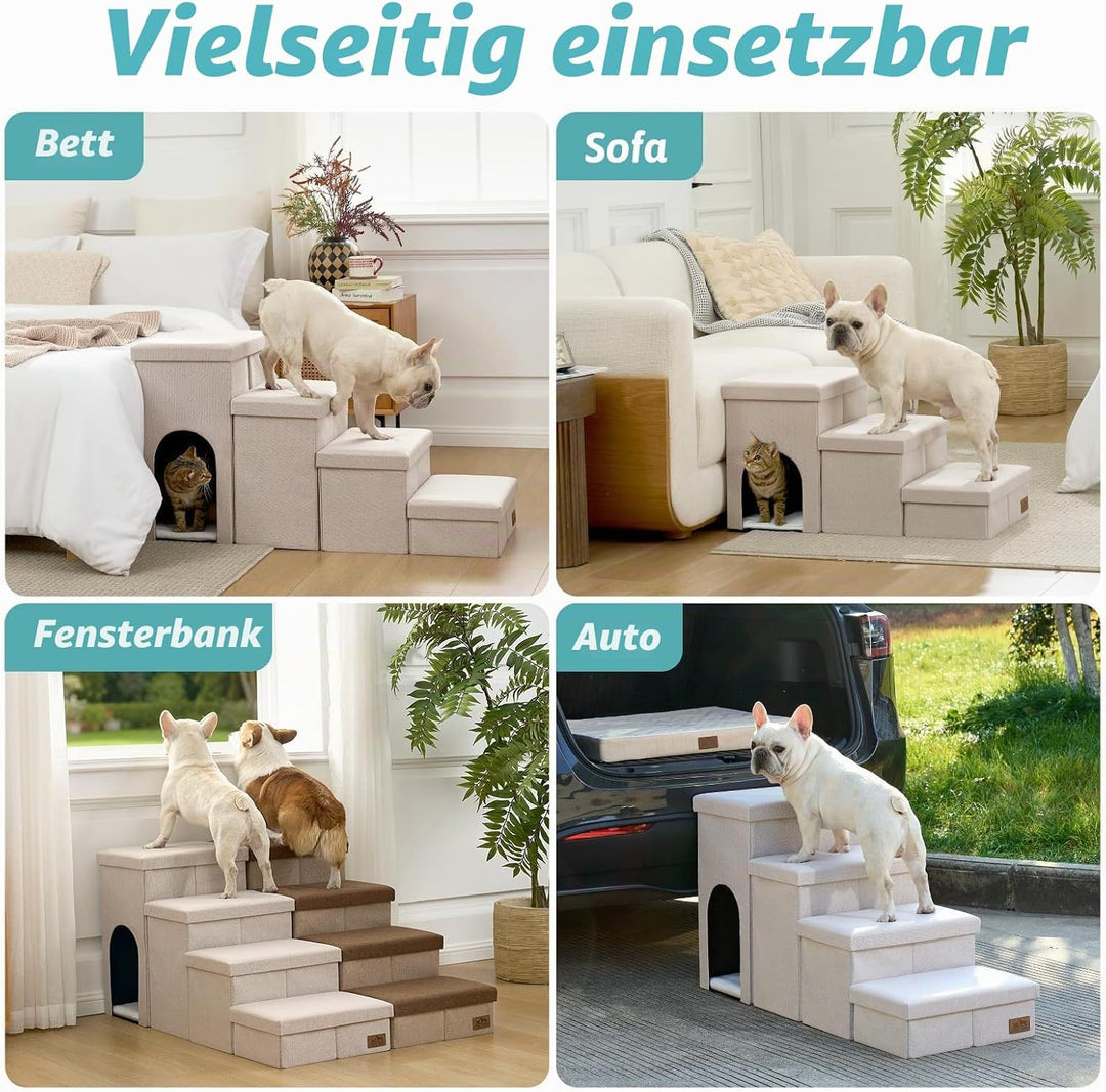 COZY KISS Hundetreppe für Kleine Hunde mit Stauraum und Katzenöffnung, Breite Haustiertreppe Faltbar
