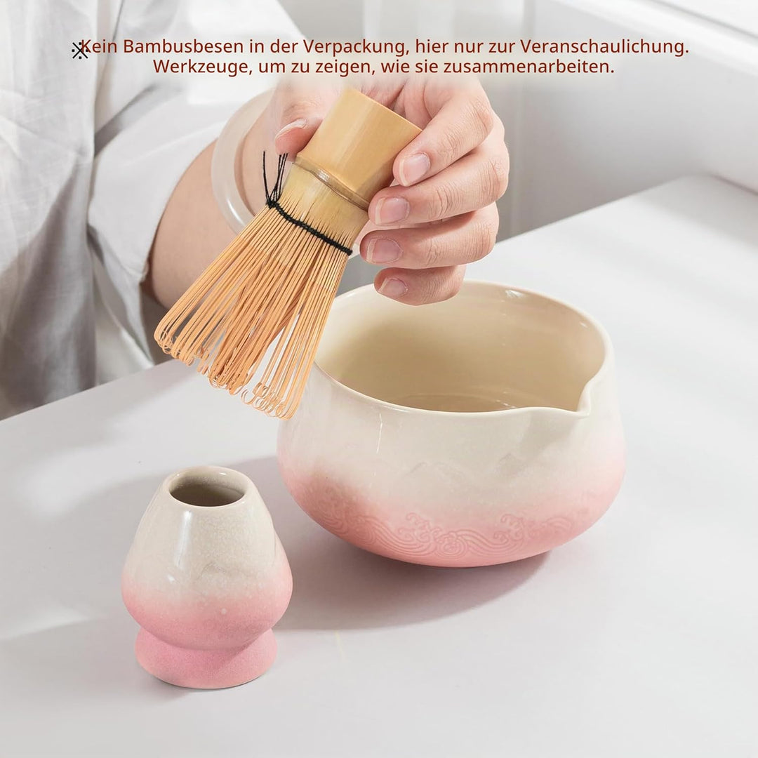 TEANAGOO Matcha Schale mit Ausgiesser,2-Pcs Fuji Design Keramik Schale und Schneebesen Halter(chawan