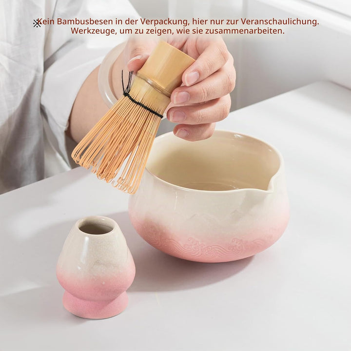 TEANAGOO Matcha Schale mit Ausgiesser,2-Pcs Fuji Design Keramik Schale und Schneebesen Halter(chawan