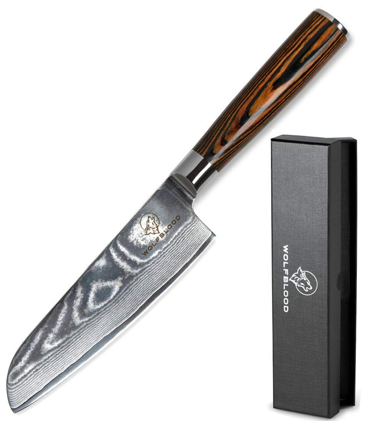 Wolfblood Damastmesser Santoku Messer L(24cm) Profi-Kochmesser aus 67 Lagen Damaststahl und VG10 All