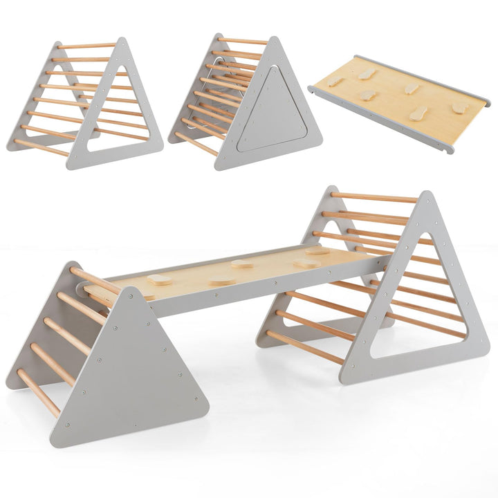 COSTWAY Klettergerüst Indoor, inkl. 2 Kletterdreieck & Kletterleiter, Indoor Spielgeräte Holz, Spros