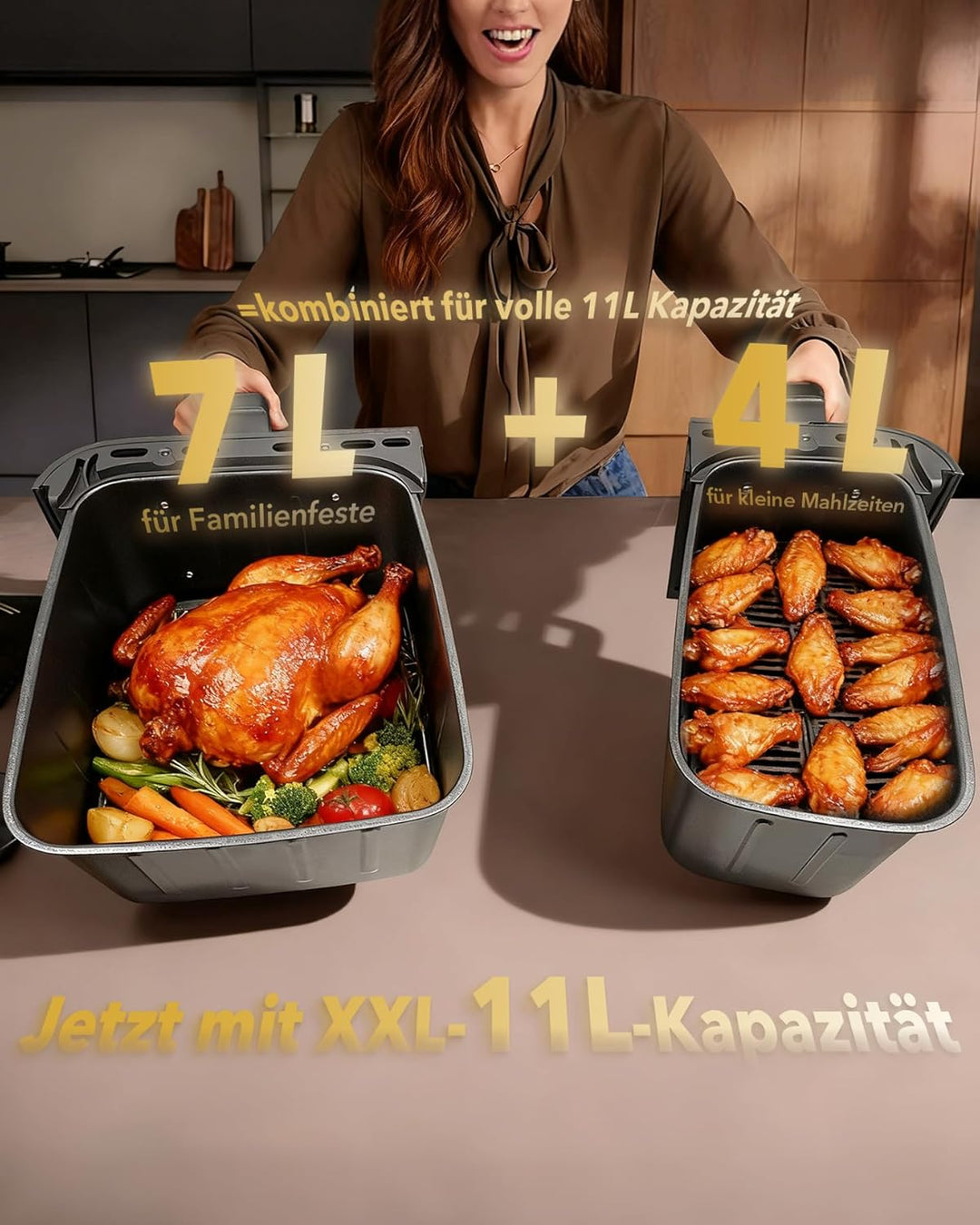 11L Heissluftfritteuse 2 Kammern - 2600W XXL Airfryer Dual Zone(4+7L) - 10-in-1 Digital Heissluftfri