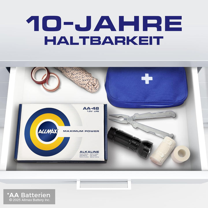 Allmax AA Maximum Power Alkaline Double A Batterien (48 Stück) - Ultra-Langlebigkeit, 10 Jahre Haltb