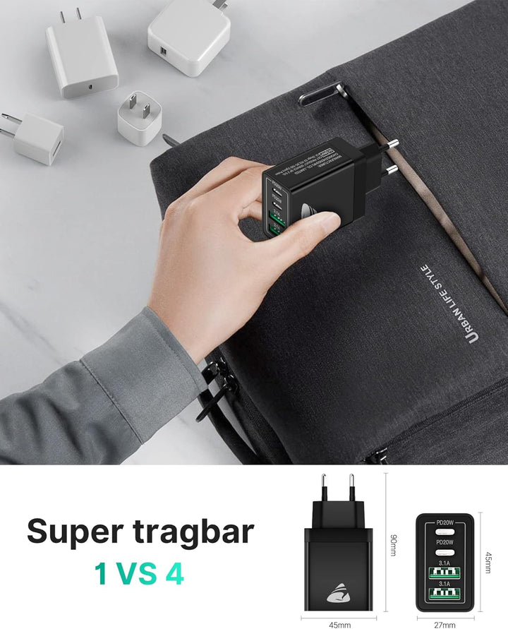 2-Pack USB C Ladegerät, 4-Port Adapter Mehrfach mit USB-C und USB-A, 40W Schnellladegerät PD 3.0 Cha