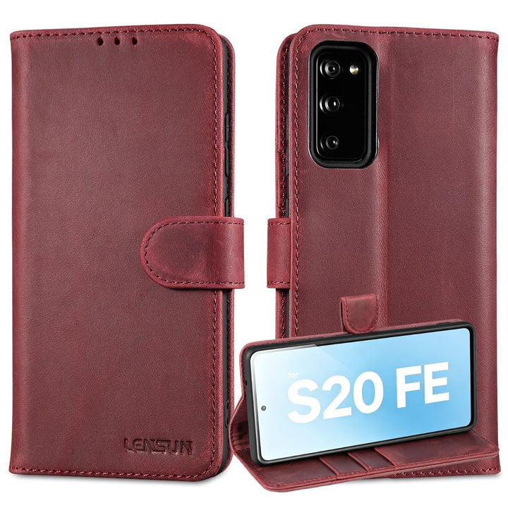 LENSUN Lederhülle für Samsung Galaxy S20 FE, Echtleder Hülle [Wallet Fach][RFID Blocker][Premium Ech