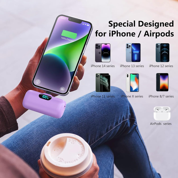 Mini Power Bank für iPhone 5000mAh, Upgrade 15W PD 3.0A Schnellladung, Leicht-Kompakt Powerbank LCD