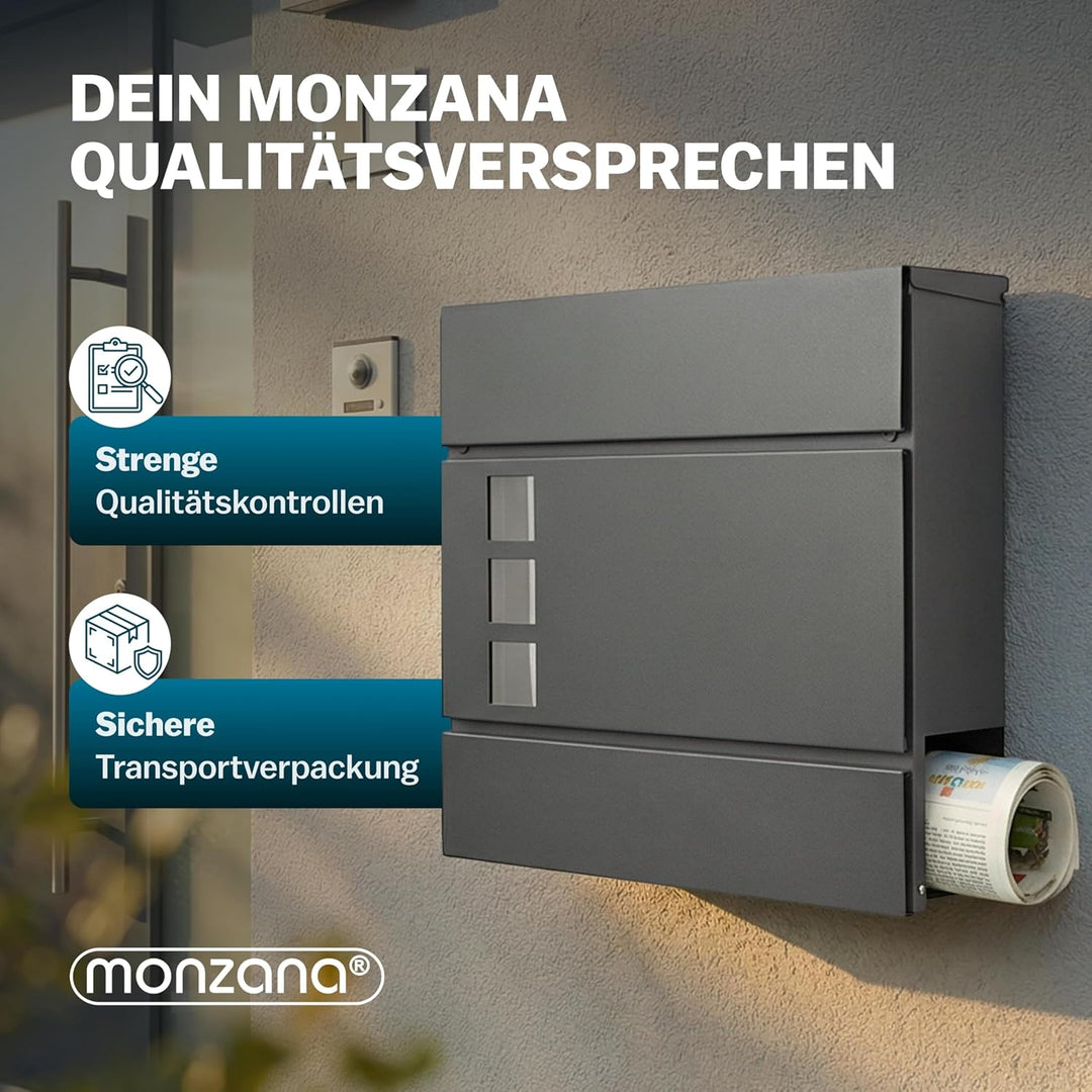 MONZANA® Briefkasten Design Stahl mit Zeitungsfach Sichtfenster 2 Schlüssel Zeitungsrolle Wandbriefk
