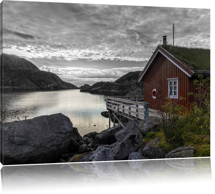 Pixxprint Sonnenaufgang am Fjord Norwegens B&W Detail, Format: 100x70 auf Leinwand, 100x70